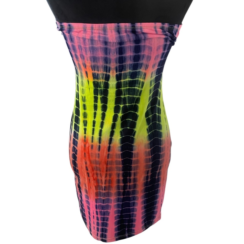 Women's Color Block Tie die Mini Dress, pink neon yellow, black,Medium - Picture 2 of 10